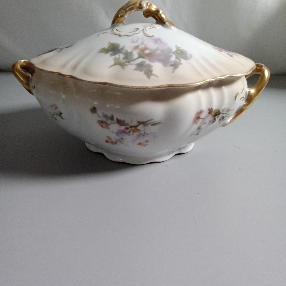 Antique Doulton Burslem England Floral Porcelain Tureen Gold Gilt Scalloped Lid